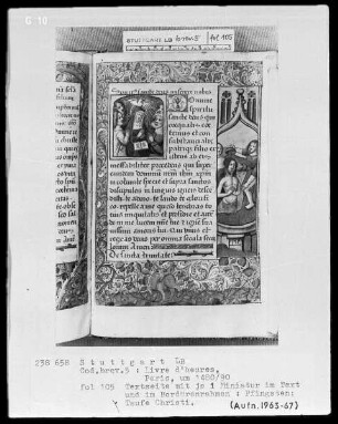 Lateinisches Stundenbuch (Livre d'heures) — Textseite mit zwei Miniaturen, Folio 105recto