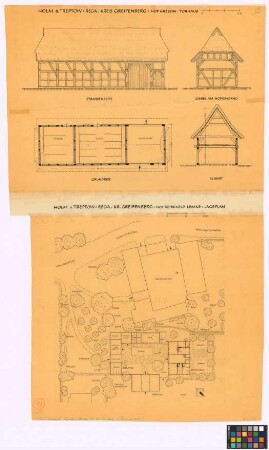 Holm bei Treptow (Kreis Greifenberg): Hof Kressin und Hof Reinhold Lemke. - Torhaus Kressin (Straßen-Seiten-Ansicht, Giebel-Ansicht, Grundriss, Querschnitt). - Lageplan Lemke mit Wohnhaus (Grundriss), Scheune (Grundriss), Stall (Grundriss), Wagen- und Geräteschuppen (Grundriss), Pferdestall (Grundriss), Dung (Umriss), Pumpe (Grundriss), Abort (Grundriss), Nachbargebäuden (Umrisse)