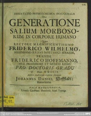 Dissertatio Physico-Medica Inauguralis De Generatione Salium Morbosorum In Corpore Humano