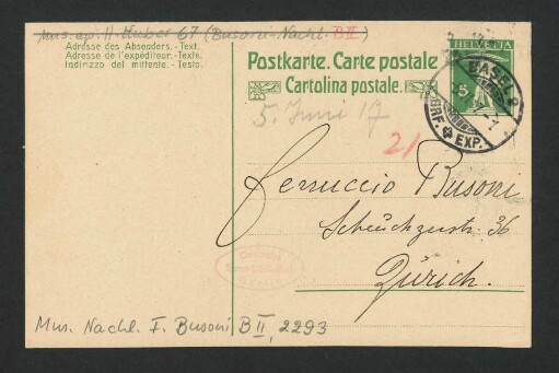 Postkarte an Ferruccio Busoni : 05.06.1917