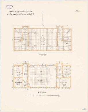 Höhere Mädchenschule der Franckeschen Stiftung, Halle/Saale Schulhaus: Grundriss Dachgeschoss, 2. Obergeschoss 1:100