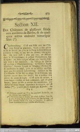 Section XII. Des Châteaux de plaisance, situés aux environs de Berlin, & de quelques autres endroits remarquables