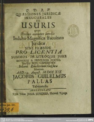 Quaestiones Iuridicae Inaugurales De Usuris