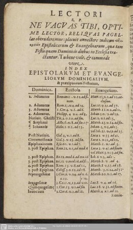 Index Epistolarum Et Evangeliorum Dominicalium, & praecipuorum Festorum
