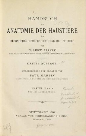 Handbuch der Anatomie der Haustiere mit besonderer Berücksichtigung des Pferdes, 1. Band