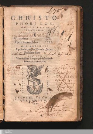 Christophori Longolii Lvcvbrationes : Orationes III. ; Epistolarum libri IV