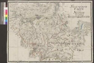 Neiße; "Situationskarte von Neiße bis an der kaiserlichen Grenze"; ohne Verfasser; 2.500 Schritt = 14 cm [1 cm = 1 km]; 77 x 55 cm; Kartenrand: Schmelsdorf-Mogwitz-Hennersdorf; Schamelwitz-Hermsdorf-Weidenau; Zuckmantel-Bischofskoppe-Bertelsdorf; Polnisch Raschwitz-Molschna-Weidenau; Papier auf Leinwand; Federzeichnung mit Schraffen; Siedlungen, Gewässer, Talauen und Grenzen in Wasserfarben.