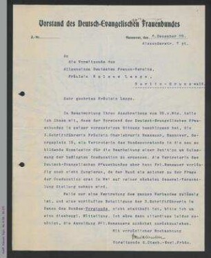 Antwortschreiben von Paula Müller auf Rundschreiben von Helene Lange vom 25. November