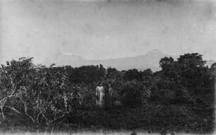 Landschaft und Kilimandscharo : Der Kilimandscharo mit Kibo (links) und Mawenzi (rechts). Im Vordergrund die Landschaft des Kilimandscharo-Gebietes sowie zwei Männer