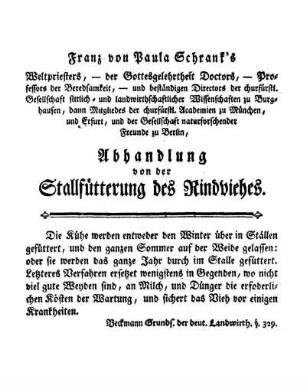 Franz von Paula Schrank's [...] Abhandlung von der Stallfütterung des Rindviehes.