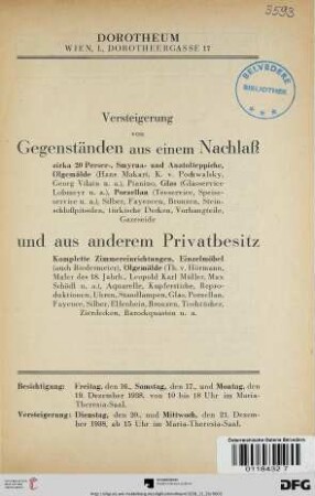 Versteigerung von Gegenständen aus einem Nachlaß: zirka 20 Perser-, Smyrna- und Anatolteppiche, Ölgemälde (Hans Makart ...), Pianino, Glas... und aus anderem Privatbesitz: Komplette Zimmereinrichtungen, Einzelmöbel ... : Versteigerung: Dienstag, den 20., und Mittwoch, den 21. Dezember 1938