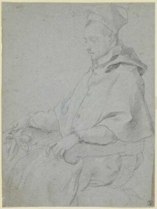 Porträt eines sitzenden Kardinals im Profil nach links, den Blick gesenkt