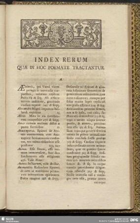 Index Rerum Quae In Hoc Poemate Tractantur