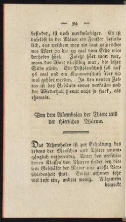 Von dem Athemholen der Thiere und der thierischen Wärme