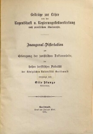 Beiträge zur Lehre von der Regentschaft u. Regierungsstellvertretung nach preußischem Staatsrechte