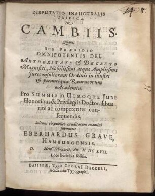 Disputatio Inauguralis Iuridica, De Cambiis