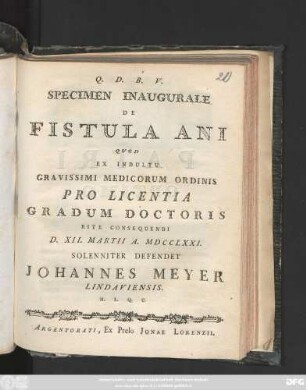 Specimen Inaugurale De Fistula Ani