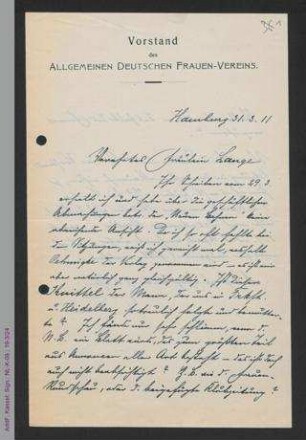 Brief von Antonie Traun an Helene Lange