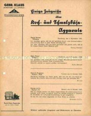 Einige Zeugnisse über Koch- und Schmelzkäse-Aggregate