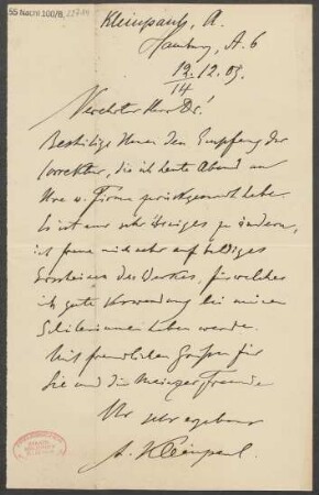 Brief an Ludwig Strecker  und B. Schott's Söhne : 12.12.1905