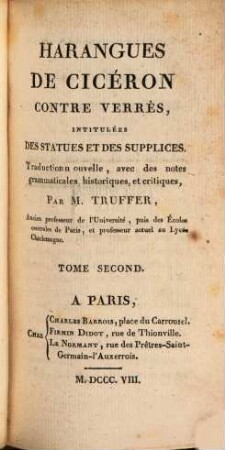 Harangues de Cicéron contre Verrés, intitulées des statues et des supplices, 2. [Harangue De Cicéron Contre Verrès, Intitulée Des Supplices]