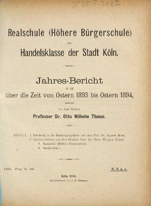 Jahres-Bericht : über die Zeit von Ostern ... bis Ostern .... 1893/94