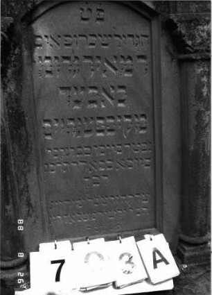 Grabstein 703 (Index: 100099644) Maße HxBxT: 175x59x12 cm Besonderheit: kulturhistorisch wertvoll / hist.-wiss. Gründe (Gemeindestellung): Grabstein 703A