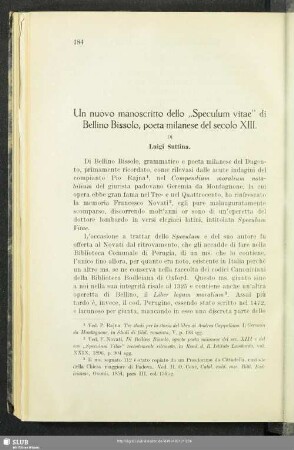 Un nuovo manoscritto dello "Speculum vitae" di Bellino Bissolo, poeta milanese del secolo XIII