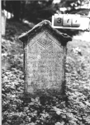 Grabstein 377 (Index: 99799674) Material: Sandstein Zustand: verwittert, Giebel angeschlagen Maße HxBxT: 93x49x12 cm Beschreibung: Stele, Giebelabschluß mit Verdachung, Schriftfeld eingetieft, Sockel Symbolik: Perlstab, geometrische Gestaltung Besonderheit: Kindergrab: Grabstein 377