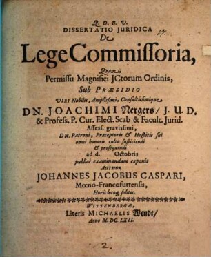 Dissertatio Iuridica De Lege Commissoria