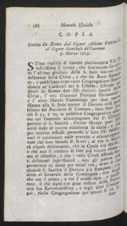 Copia scritta da Roma dal Signor Abbate Fattinelli al Signor Marchese di Tournon 9. Marze 1709