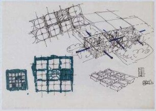 Ideenwettbewerb "Dienstleistungszentrum Langenberg " (nicht realisiert), 1. Preis – Grundrisse, Perspektivansichten, Detailansicht. Langenberg