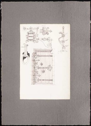 Reiseskizzen aus Italien: Siena: Türklopfer, Schild, Rouen: Kathedrale (Ansicht Sakristeitür): Amalfi: Türblatt