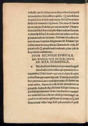 Finis Secunde Epistole. Ad Rusticum Monachum. De Vita Monastica.