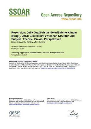 Rezension: Julia Graf/Kristin Ideler/Sabine Klinger (Hrsg.), 2013: Geschlecht zwischen Struktur und Subjekt. Theorie, Praxis, Perspektiven