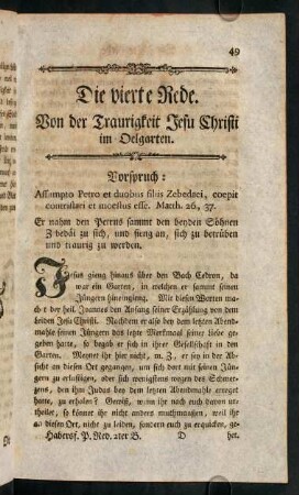 49-64, Die vierte Rede. Von der Traurigkeit Jesu Christi im Oelgarten.