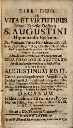 Libri duo de vita et virtutibus Magni Ecclesiae Doctoris S. Augustini Hipponensis episcopi