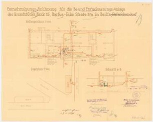 Siedlung Schillerpark, Berlin-Wedding: Barfusstraße 23-25, Block 15: Grundriss KG, Lageplan, Entwässerung