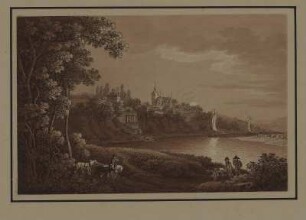 Ansicht von Briesnitz an der Elbe, sepiagetönte Umrißradierung, um 1821 : Zingg, Adrian : Prießnitz an der Elbe / [gefertigt von Adrian Zingg?]. - [S.l.] , [ca. 1821]. - 1 Kunstbl. : sepiagetönte Umrißradierung ; 15 x 10 cm