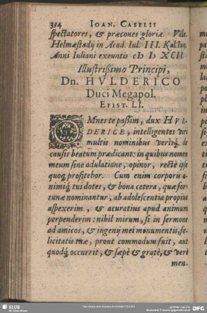 Illustrißimo Principi, Dn. Hulderico Duci Megapol. Epist. LI.