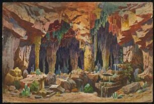 Bühnenbild: Szene Höhle mit Bleistiftraster als Malsaal-Vorlage für Herstellung Bühnenbildprospekt