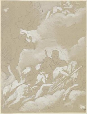 Drei Heilige auf Wolken, darunter ein lagernder bärtiger Anachoret mit einem Rosenkranz