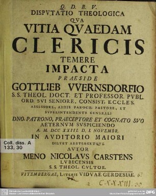 Dissertatio Theologica Qua Vitia Quaedam Clericis Temere Impacta