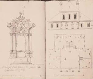 Altar in der Kathedrale von Krakau für den Bischofs.; Zweistöckiges Gebäude mit Säulen dazu Grundriss : Skizzenbuch mit Federzeichnungen polnischer Studenten?
