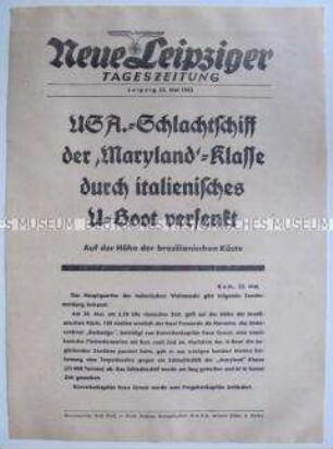 Extrablatt der "Neuen Leipziger Tageszeitung" zur Versenkung eines US-Schlachtschiffes durch ein italienisches U-Boot