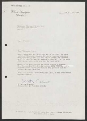 Brief an Bernard-Henri Lévy an Editions Bernard Grasset, 29.07.1991