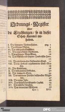 Ordnungs-Register über die Erzehlungen/ so in dieser Schatz-Kammer enthalten