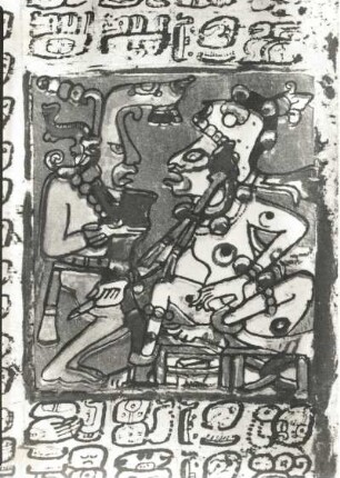 Maya-Handschrift, Codex Dresdensis : Maya-Handschrift, Codex Dresdensis. Tafel 50 (Codexteil Br). Angaben über das Erscheinen der Venus als Morgen- und Abendstern im Lauf von 312 Jahren. Rinde, 20,8 x 9,1 cm, 12. Jahrhundert. Ausschnitt: Morgenstern-Regent