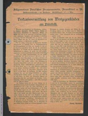 Allgemeiner Deutscher Frauenverein, Frankfurt am Main - Verkaufsvermittlung von Wertgegenständen