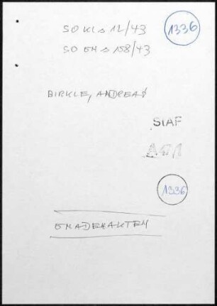 Angeklagter: Birkle, Andreas (Bauer); Oberglottertal *18.12.1897 in Oberglottertal; + ? Delikt: Verbrechen gegen die Kriegswirtschaftsverordnung Schwarzschlachtung Tatort: Oberglottertal Tatzeit: Frühjahr 1941-Juni 1942